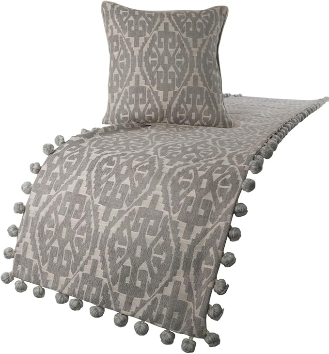 The HomeCentric Grey Bed Runner, Twin Size 53"x18" Decorative Bed Runner with 2 Matching Pillow Cover, Grey Cotton Bed Scarf in Aztec Pattern with Tassels - Grey Aztec