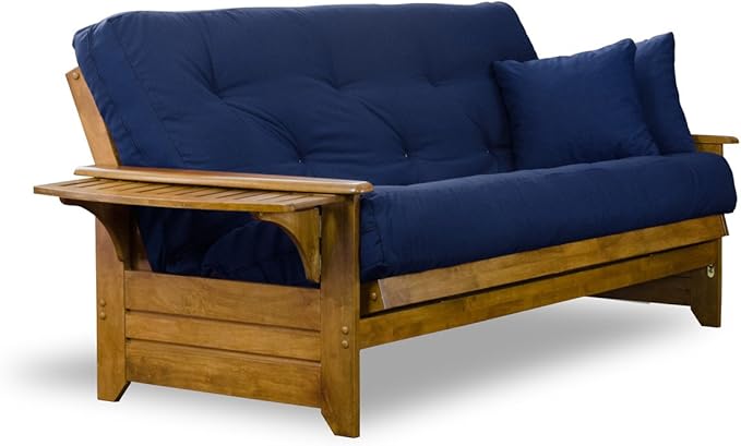 Nirvana Futons Brentwood Tray Arm Futon Sofabed Set - Full Frame, 8" Navy Blue Mattress, Rich Heritage Finish