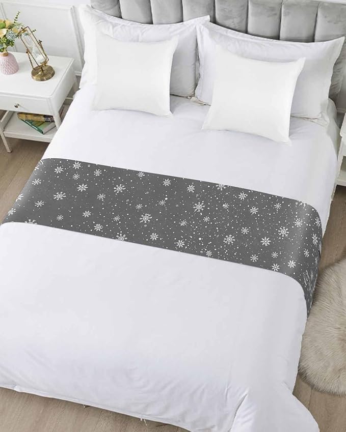 Christmas Snowman Winter Snowflakes Bed Runners for Bedroom Hotel,Decorative Bedding Scarf Gray White Bed End Blanket Bedding Runner Scarves for Full Size Bed,83x20in
