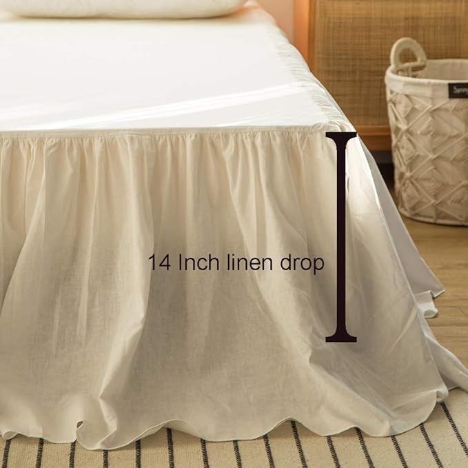 Simple&Opulence Belgian Linen Bed Skirt with Classic 14 inch Tailored Drop Dust Ruffle, Easy Fit Breathable Premium Natural Flax- Pleated White, Queen