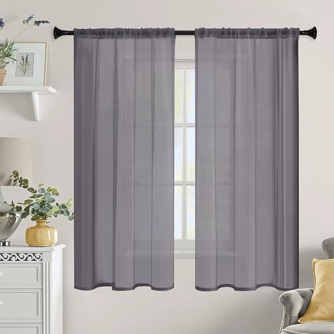 Sheer Curtains 63 Inches Long 2 Panels, Rod Pocket Short Curtain for Kitchen, Bedroom, Cafe Window(Grey 38" W x 63" L)