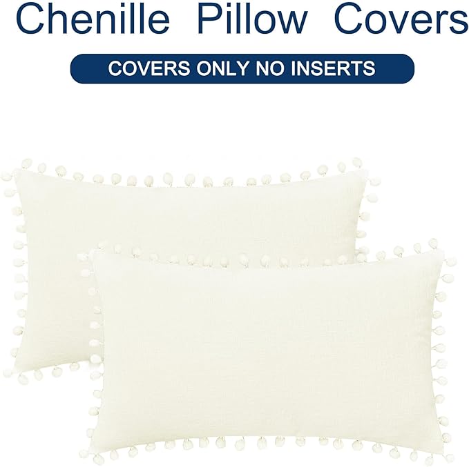 CaliTime Throw Pillow Covers Decorative 20 X 12 Inches Pack of 2 Cozy Solid Dyed Soft Chenille Cushion Cases with Pom Poms for Couch Sofa Bed Living Room Home Cream