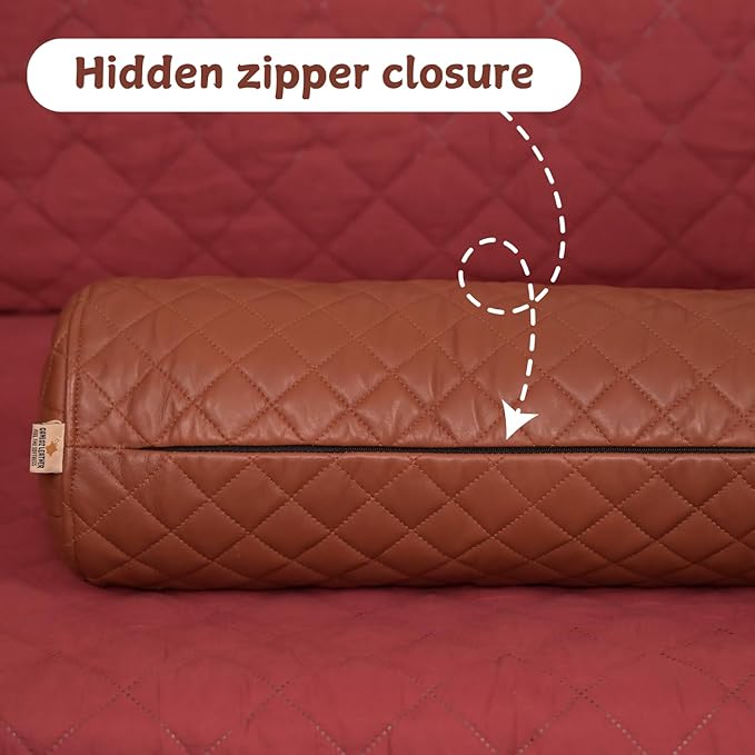 Neck Roll Pillow Cushion Cover, 16x6 Inch Full Moon Round Bolster Pillow Case, Cylinder Soft Lambskin Leather Pillowcase for Head, Spine & Neck Support During Sleep - Quilted Brown Pack of 2