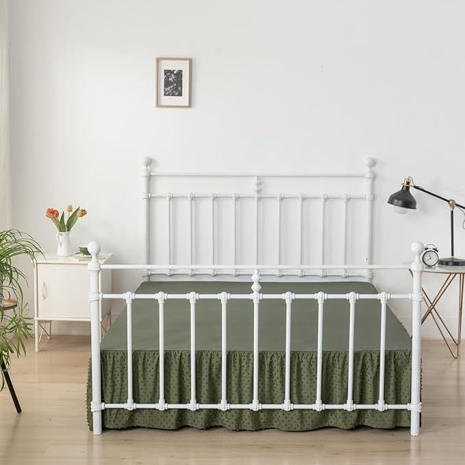 Tufted Dot Bed Skirt Full Size Ruffled Bed Skirt with Split Corners, 14 Inch Drop Dust Ruffle Bed Skirts with Platform, Olive Green