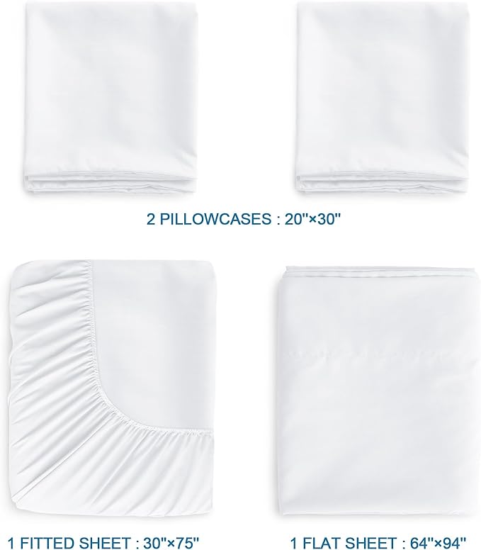 SPRINGSPIRIT Cot Sheets 30" x 75" x 9", 4 Piece Cot Sheet Set (2 Pack), Cot Size Fitted Sheets with Narrow Twin/Camp Bunk/Rvs Bunk/Guest Beds/Trifold Mattress, White