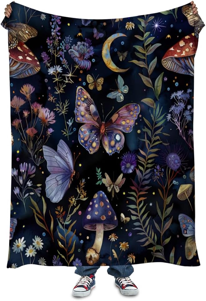 Celestial Witch Garden Throw Blankets Butterfly Moon Flower Fleece Throw Blanket,Dark Botanical Floral Plant Boho Cozy Decor Nap Blankets for Sofa Bed Couch Chair or Dorm Throws 40"x50"