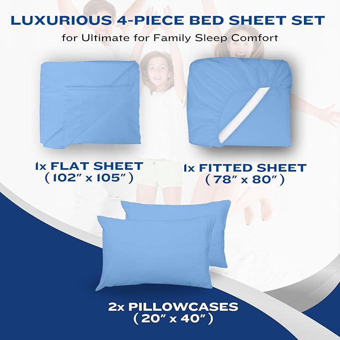 DREAMCARE King Size Sheets Set – 4 pcs Cooling Sheets – up to 21” Deep Pocket King Sheet Set – Hotel Luxury Sheets & Pillowcases – Superior Softness 100% Fine Microfiber with Side Pocket – Light Blue