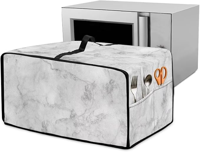 White Marble Texture Print Microwave Oven Dust Cover Polyester-Linen Fabric Dust Cover for Microwave Oven Universal Dust-Proof Kitchen Appliance Protector Fits Most Microwaves, S