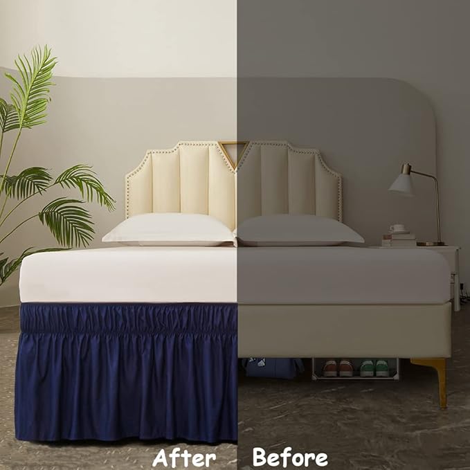 MEILA Wrap Around Bed Skirt Three Fabric Sides Elastic Dust Ruffled 16 Inch Tailored Drop,Easy to Install Fade Resistant-Navy Blue, Queen/King