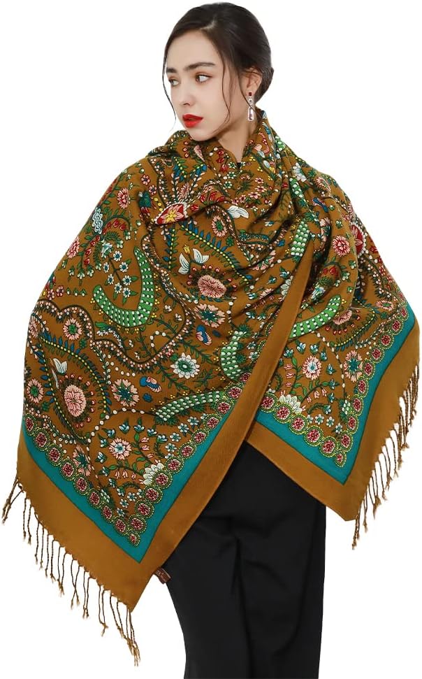 DANA XU 100% Merino Wool Pashmina Shawl for Women 96"x43", Oversized Cashmere Wrap with Tassels, Floral Travel Blanket Cape
