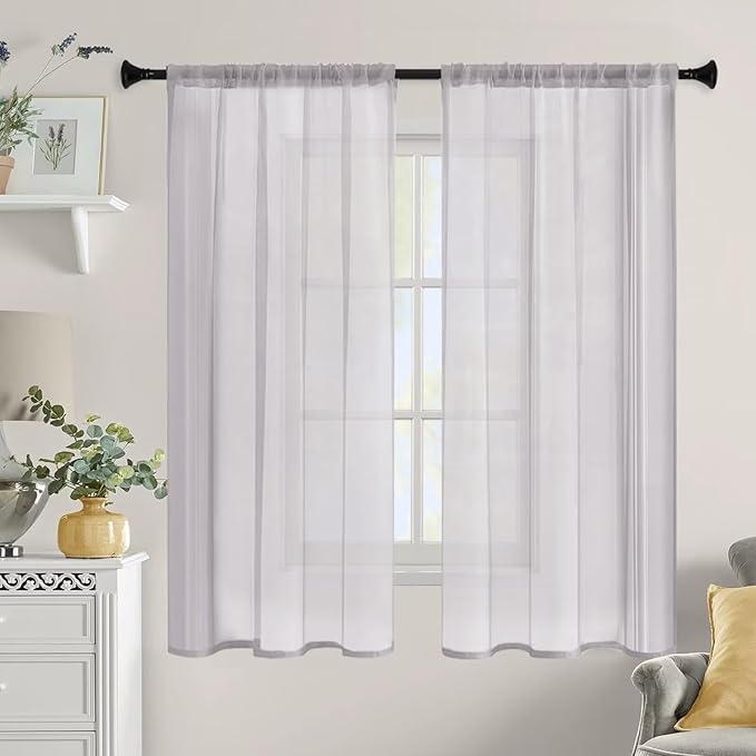 Sheer Curtains 54 Inches Long 2 Panels, Rod Pocket Short Curtain for Kitchen, Bedroom, Cafe Window(Light Grey 38" W x 54" L)