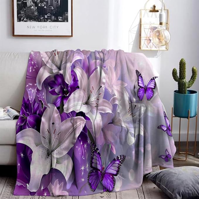 Purple Butterfly Flower Throw Blanekts Butterfly Blankets Soft Lightweight Cozy for Bed Couch Sofa Birthday Gifts Women Gifts for Her Anniversary Valentines Mothers Day Flower Gifts 60"x80"
