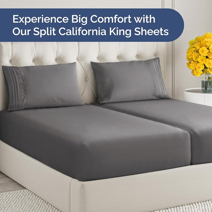 Split California King Bed Sheet Set - 5 Piece Split California King Size Sheets – Ultra-Soft & Wrinkle Free - Fits 8” to 16" Mattress w/ Deep Pockets - Breathable & Cooling Luxury Bedding – Dark Grey