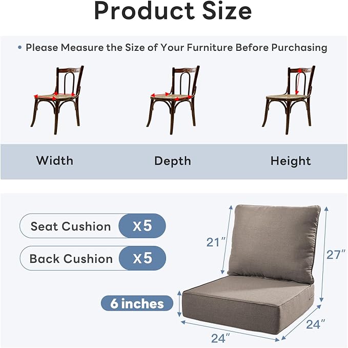 6" Thicker Outdoor Chair Cushion 5 Sets - 24" *24" *6" Waterproof Patio Furniture Cushions with Removable Cover, 28D High Density Sponge Filling Thicken Outdoor Patio Cushions - Grey