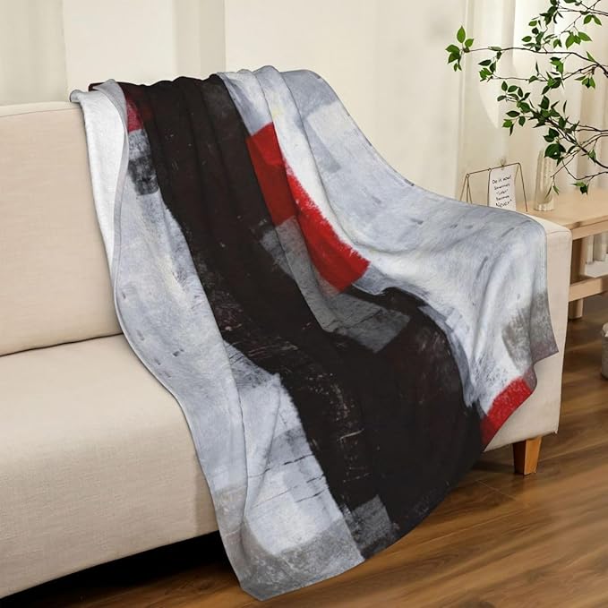 LOKMU Throw Blanket, Red Grey Abstract Art Painting Ultra-Soft Cozy Flannel Blankets, Fuzzy Plush Lightweight Modern Blanket for Couch Sofa Bedding Home Decor, 80" L x 60" W