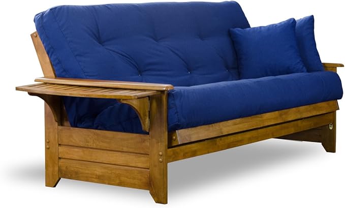 Nirvana Futons Brentwood Tray Arm Futon Sofabed Set - Queen Frame, 8" Royal Blue Mattress, Rich Heritage Finish