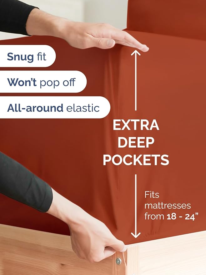 Extra Deep Cal King Fitted Sheet - Hotel Luxury Single Fitted Sheet Only - Easily Fits 18 inch to 24 inch Mattress - Ultra Soft, Wrinkle Free with Extra Deep Pockets - Breathable & Comfy - Terracotta