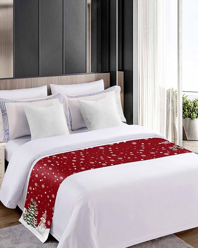 Christmas Tree Snowflakes Snowman Bed Runners for Bedroom Hotel,Decorative Bedding Scarf Red White Green Bed End Blanket Bedding Runner Scarves for Queen Size Bed,94x20in