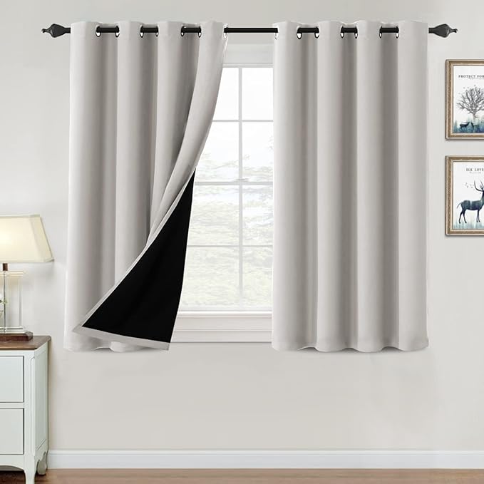 H.VERSAILTEX 100% Blackout Curtains for Bedroom Thermal Insulated Blackout Curtains 45 inch Length Full Light Blocking Curtains for Living Room with Black Liner 2 Panels Set, Pumice Stone