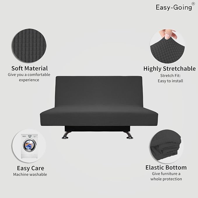 Easy-Going Stretch Futon Slipcover Armless Futon Bed Cover Furniture Protector Without Armrests with Elastic Bottom for Kids, Soft Jacquard Fabric Small Checks (Medium, Dark Gray)