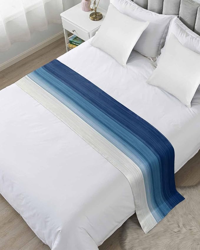 Abstract Navy Blue Ombre Stripe Art Bed Runners for Bedroom Hotel,Decorative Bedding Scarf Modern Color Line Texture Bed End Blanket Bedding Runner Scarves for Full Size Bed,83x20in