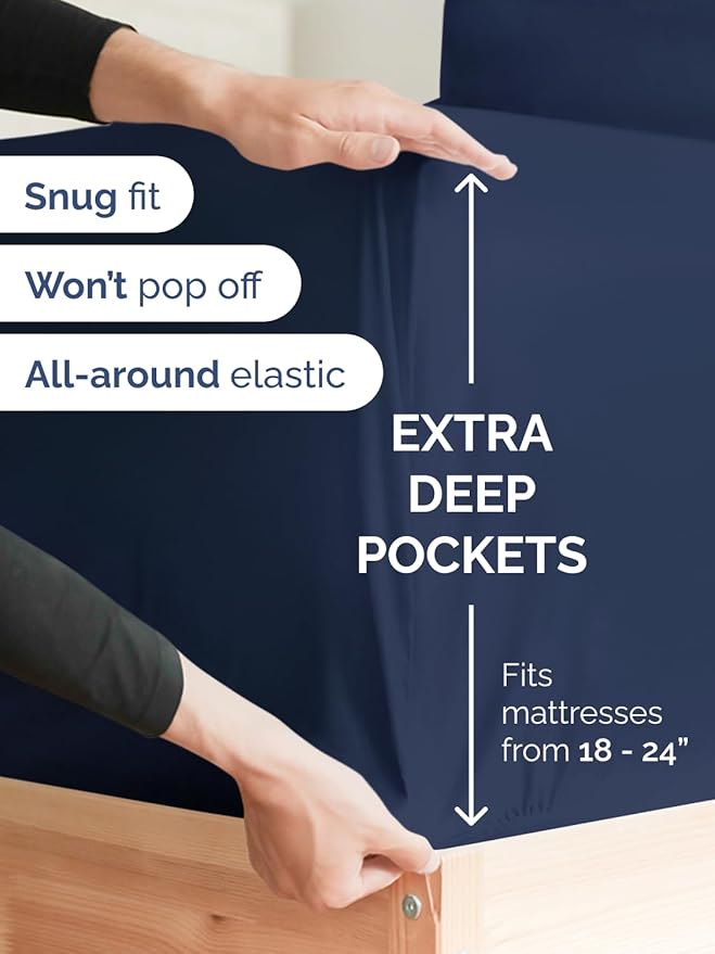 Extra Deep Twin Fitted Sheet - Hotel Luxury Single Fitted Sheet Only - Easily Fits 18 inch to 24 inch Mattress - Ultra Soft, Wrinkle & Fade Free w/Extra Deep Pockets - Breathable & Comfy - Navy Blue