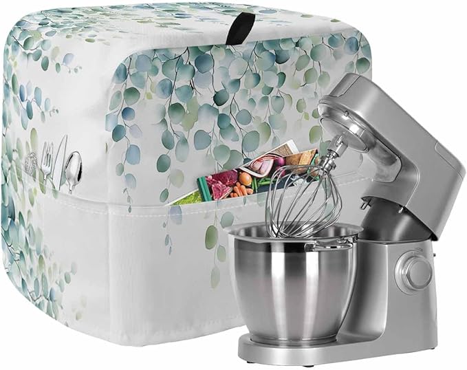 Eucalyptus Leaves Stand Mixer Dust Cover with Storage Pocket & Handles, Fits All Tilt Head & Bowl Lift Spring Botanical Vines Kitchen Appliance Cover Organizer Watercolor Bag Accessories, 4.5-5 Quart