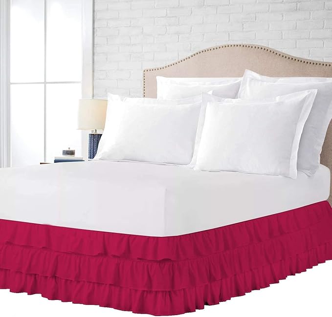 Multi-Ruffle Bed Skirt, Soft Multi Elastic Dust Ruffles with Wrap Around Bed Skirt Easy Fit with 18 Inch Drop 100% Cotton 800 Thread Count (California King, Hot Pink)