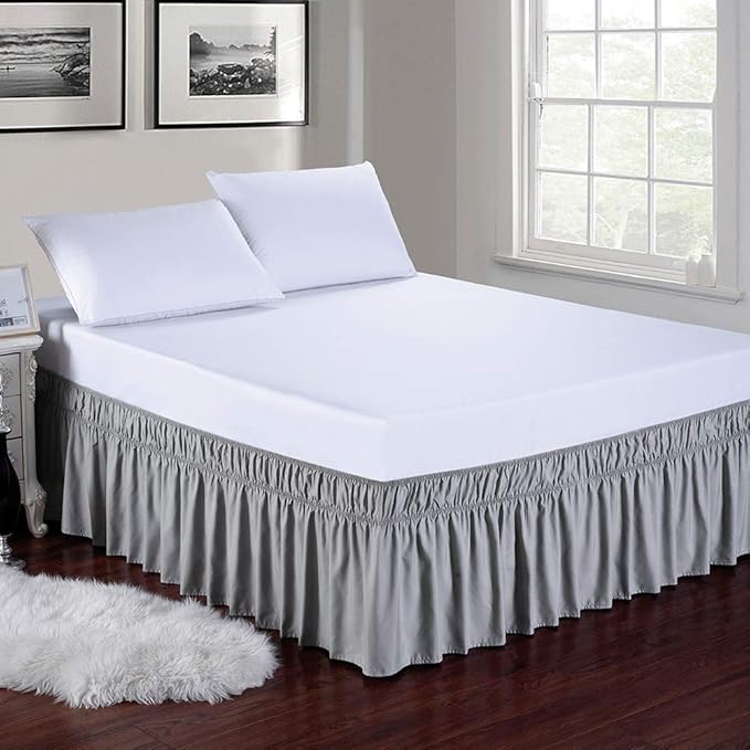 MEILA Wrap Around Bed Skirt Three Fabric Sides Elastic Dust Ruffled 24 Inch Tailored Drop,Easy to Install Fade Resistant-Grey, Twin/Full