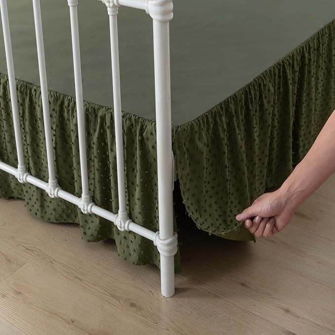 Tufted Dot Bed Skirt Full Size Ruffled Bed Skirt with Split Corners, 14 Inch Drop Dust Ruffle Bed Skirts with Platform, Olive Green