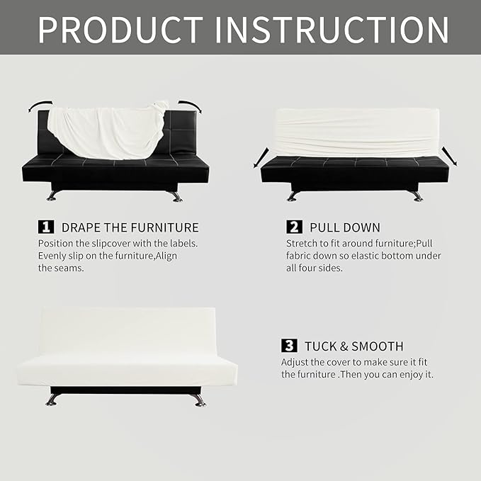 Easy-Going Stretch Futon Slipcover Armless Futon Bed Cover Furniture Protector Without Armrests with Elastic Bottom for Kids, Soft Jacquard Fabric Small Checks (Medium, Cream)
