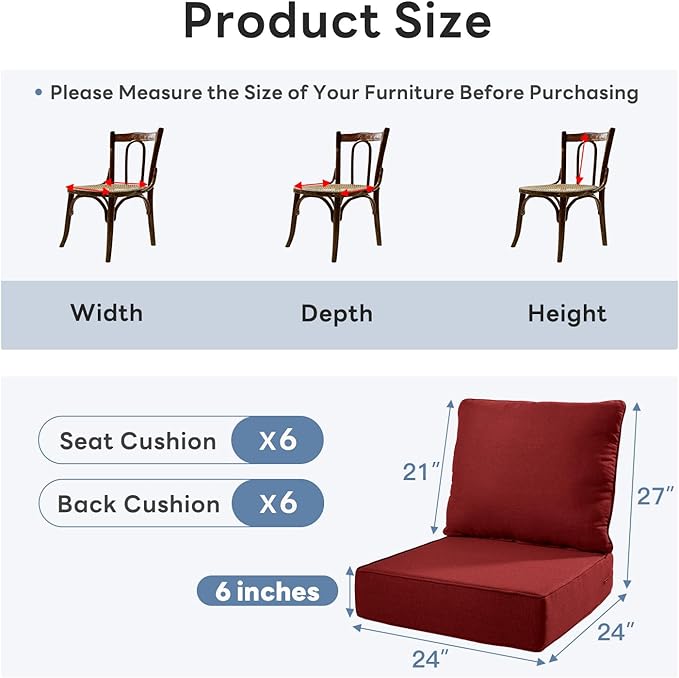 6" Thicker Outdoor Chair Cushion 6 Sets - 24" *24" *6" Waterproof Patio Furniture Cushions with Removable Cover, 28D High Density Sponge Filling Thicken Outdoor Patio Cushions - Red
