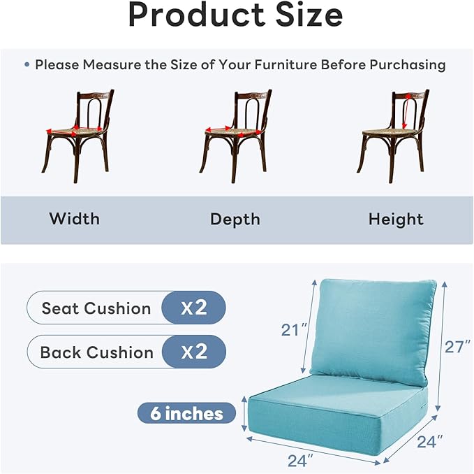 6" Thicker Outdoor Chair Cushion 2 Sets - 24" *24" *6" Waterproof Patio Furniture Cushions with Removable Cover, 28D High Density Sponge Filling Thicken Outdoor Patio Cushions - Turquoise