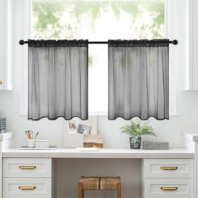 MIULEE Short Sheer Curtains 30 Inch Length for Kitchen Bathroom Cafe Half Halloween Window Treatment, Rod Pocket Tier Curtains 2 Panels, 29x30 Inches Long, Black