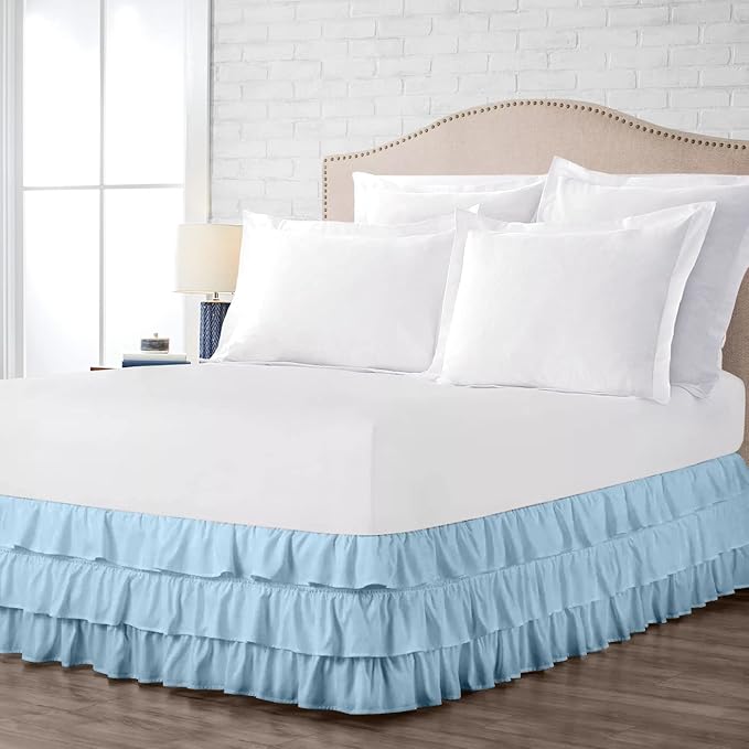 Multi-Ruffle Bed Skirt, Soft Multi Ruffle Bed Skirt Elastic Dust Ruffles with Wrap Around Bed Skirt Easy Fit with 18 Inch Drop 100% Cotton 800 Thread Count Bed Skirt (Twin XXL, Light Blue)