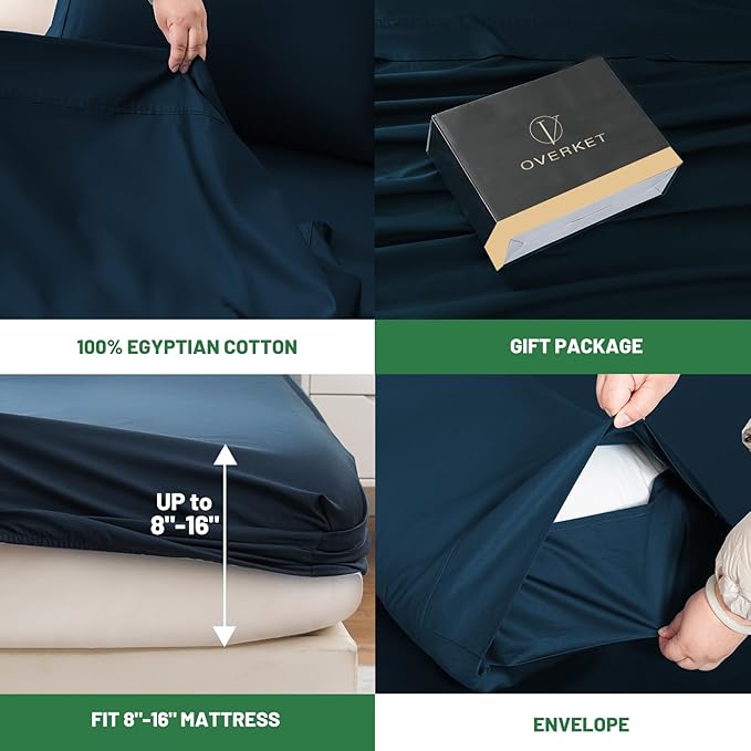 100% Egyptian Cotton Sheets Cal King Sheet Set 4PCS 1000 Thread Count Sateen Weave Soft Breathable 16-Inch Deep Pocket（California King,Navy）