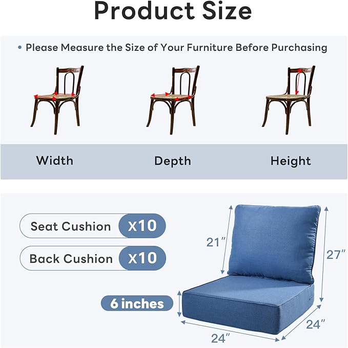6" Thicker Outdoor Chair Cushion 10 Sets - 24" *24" *6" Waterproof Patio Furniture Cushions with Removable Cover, 28D High Density Sponge Filling Thicken Outdoor Patio Cushions - Blue