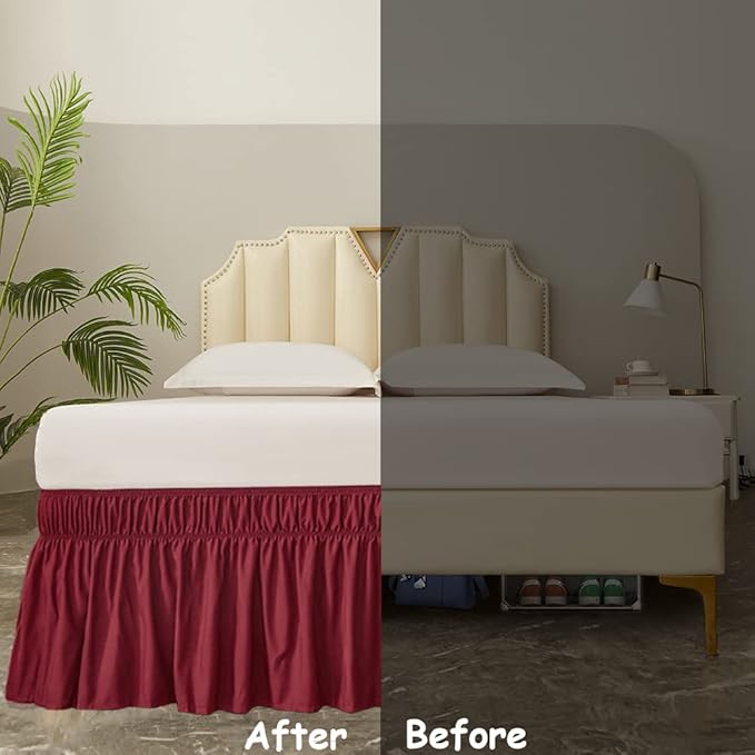 MEILA Wrap Around Bed Skirt Three Fabric Sides Elastic Dust Ruffled 16 Inch Tailored Drop,Easy to Install Fade Resistant-Burgundy, Queen/King