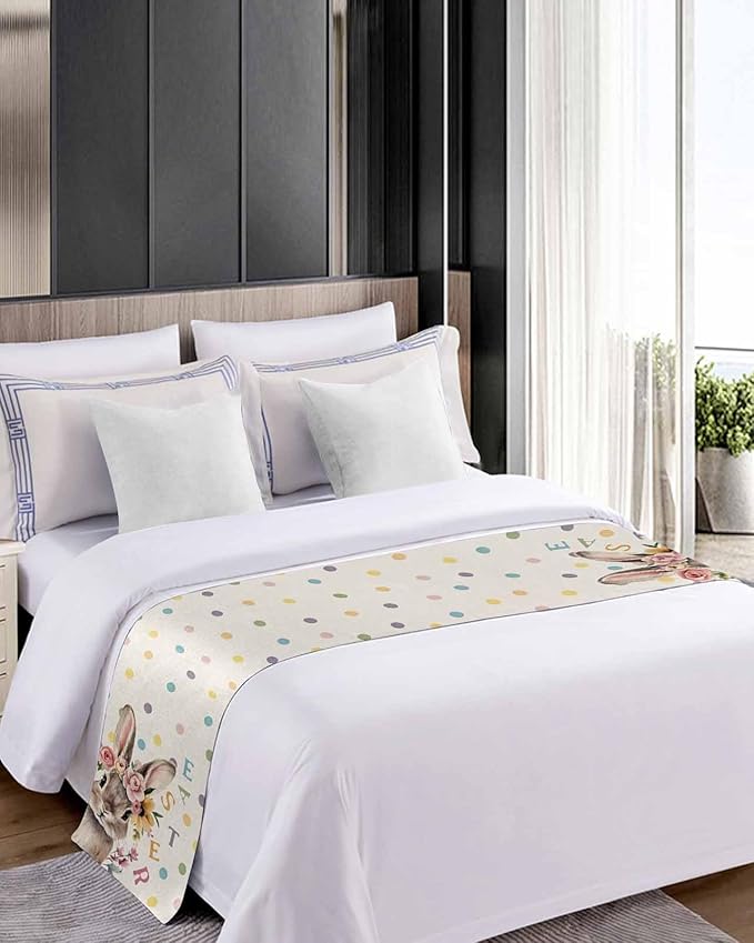Spring Easter Farm Rabbit Flower Bed Runners for Bedroom Hotel,Decorative Bedding Scarf Colorful Quote Dot on Linen Bed End Blanket Bedding Runner Scarves for Twin Size Bed,71x20in