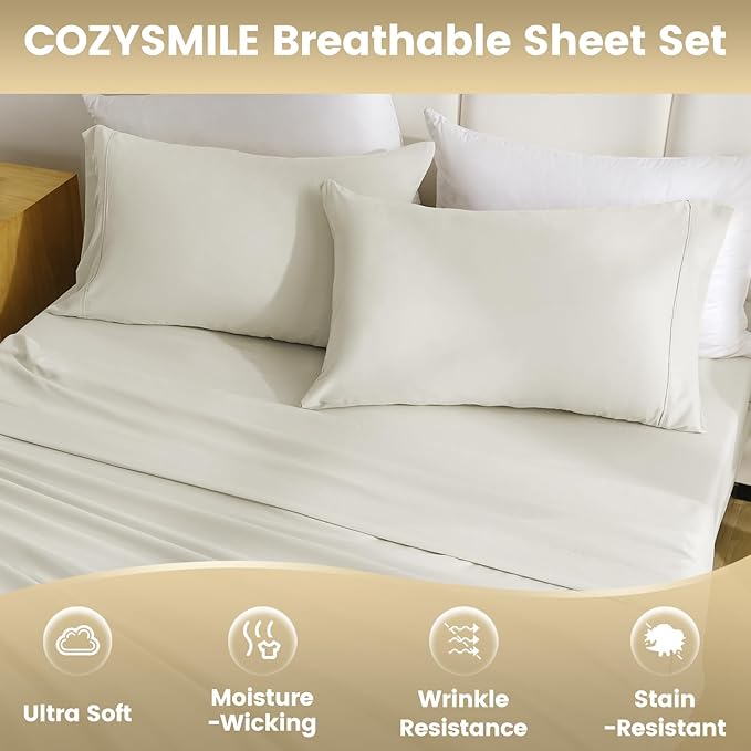 Full Sheet Set - Hotel Luxury 4 Piece Breathable Cooling Full Size Sheet Sets,Fits 16" Deep Pocket Mattress, Easy Care Wrinkle Free Bedding Sheet and Pillowcase Bedding Set, Ivory
