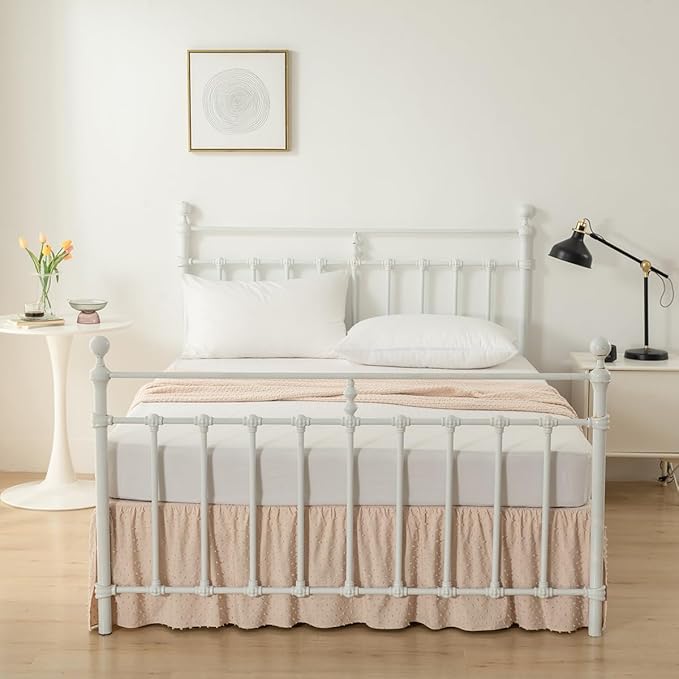 Tufted Dot Bed Skirt Queen Size Ruffled Bed Skirt with Split Corners, 14 Inch Drop Dust Ruffle Bed Skirts with Platform, Cream