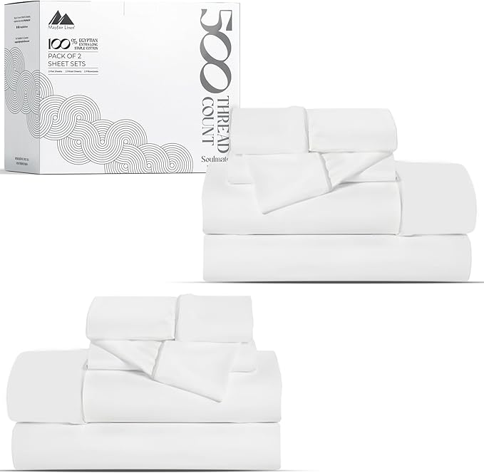 Mayfair Linen 100% Egyptian Cotton 2 Pack King Sheet Set - Luxury 500 Thread Count Cotton Sheets King Size (8 PC, White), Soft, Cooling, Sateen Weave, 16" Deep Pocket Hotel Quality Bed Sheet Set