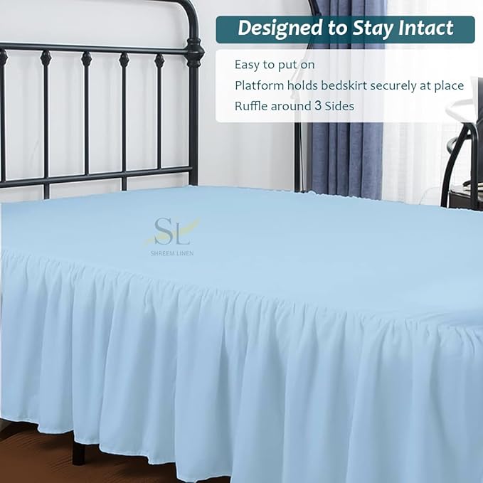 Shreem Linen Ruffled Bed Skirt with Split Corners, Gathered Style, 100% Microfiber, 21-Inch Drop, Dust Ruffle Bedskirt with Platform, King, Light Blue