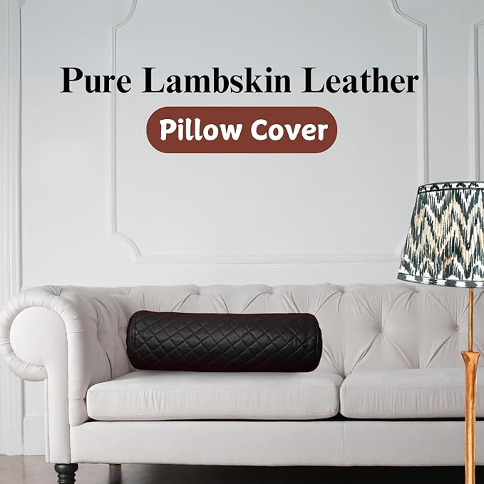 Neck Roll Pillow Cushion Cover, 24x7 Inch Full Moon Round Bolster Pillow Case, Cylinder Soft Lambskin Leather Pillowcase for Head, Spine & Neck Support During Sleep - Quilted Black Pack of 1