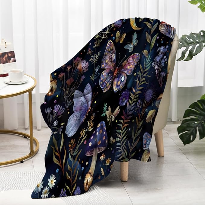 Celestial Witch Garden Throw Blankets Butterfly Moon Flower Fleece Throw Blanket,Dark Botanical Floral Plant Boho Cozy Decor Nap Blankets for Sofa Bed Couch Chair or Dorm Throws 70"x80"