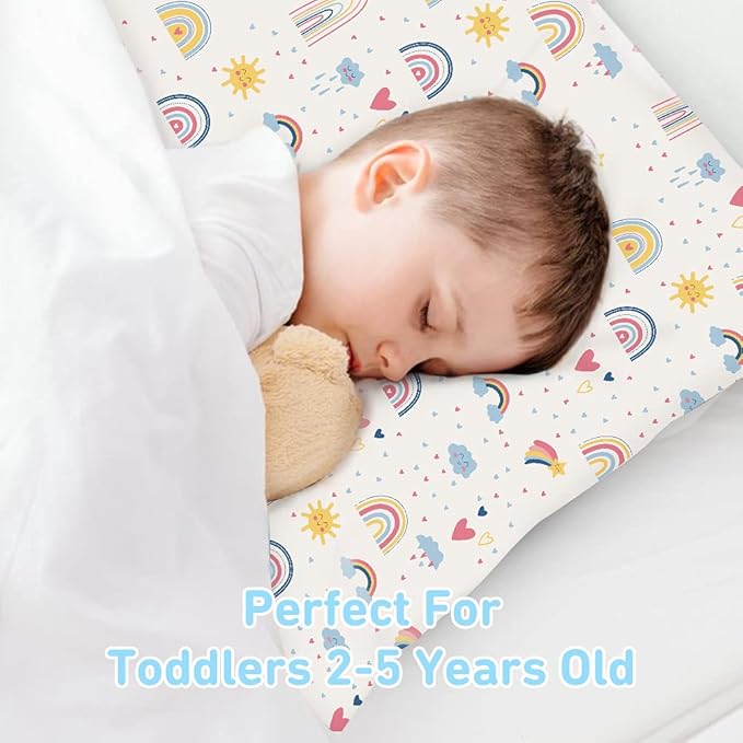 Toddler Pillow,13X18 Toddler Pillows for Sleeping, Machine Washable Kids Pillow with Pillowcase, Perfect for Travel, Toddlers Cot (Sunshine Rainbow)