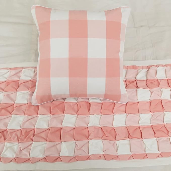 The HomeCentric King/Queen/Twin Peach Pink Decorative Queen 74"x18" Bed Runner with Pillow Cover, Textured & Buffalo Checks Bed Scarf on Cotton Fabric - Buffalo Plaid Peach