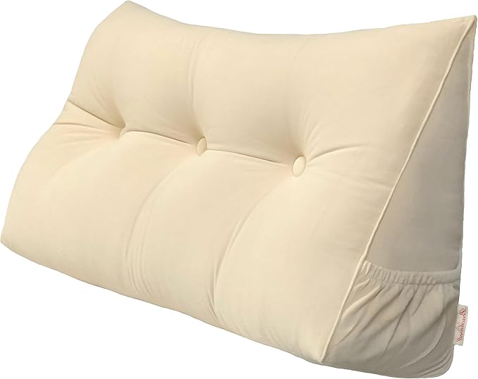 Triangular Reading Bed Rest Pillow Large Bolster Cushion Headboard Backrest Wedge Pillow with Removable Cover and Two Large Side Pockets (Beige, Twin: 39 x 8 x 20 inches)