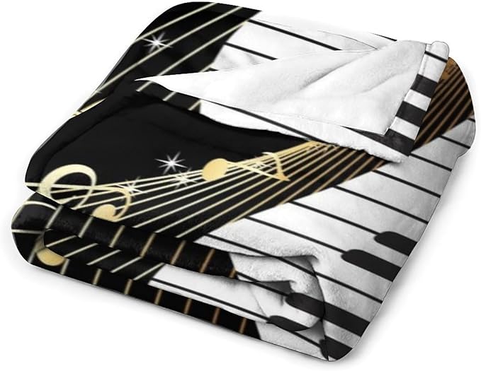 Music Note Blanket Black White Piano Keys Gold Music Note Soft Cozy Lightweight Throw Blanket for Kids Girls Boys Bedroom Living Room Dorm Chair Sofa Travel 50x60in