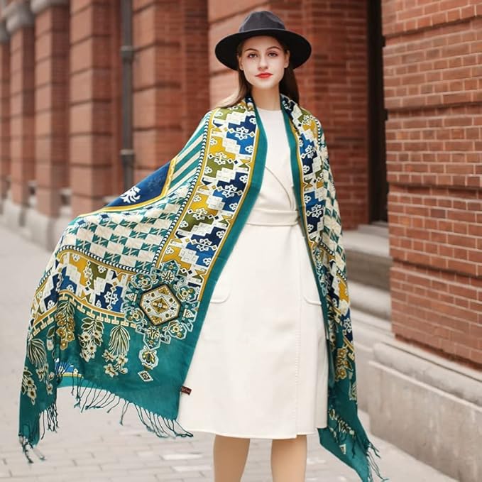 DANA XU 100% Merino Wool Pashmina Shawl for Women 96"x43", Oversized Cashmere Wrap with Tassels, Floral Travel Blanket Cape